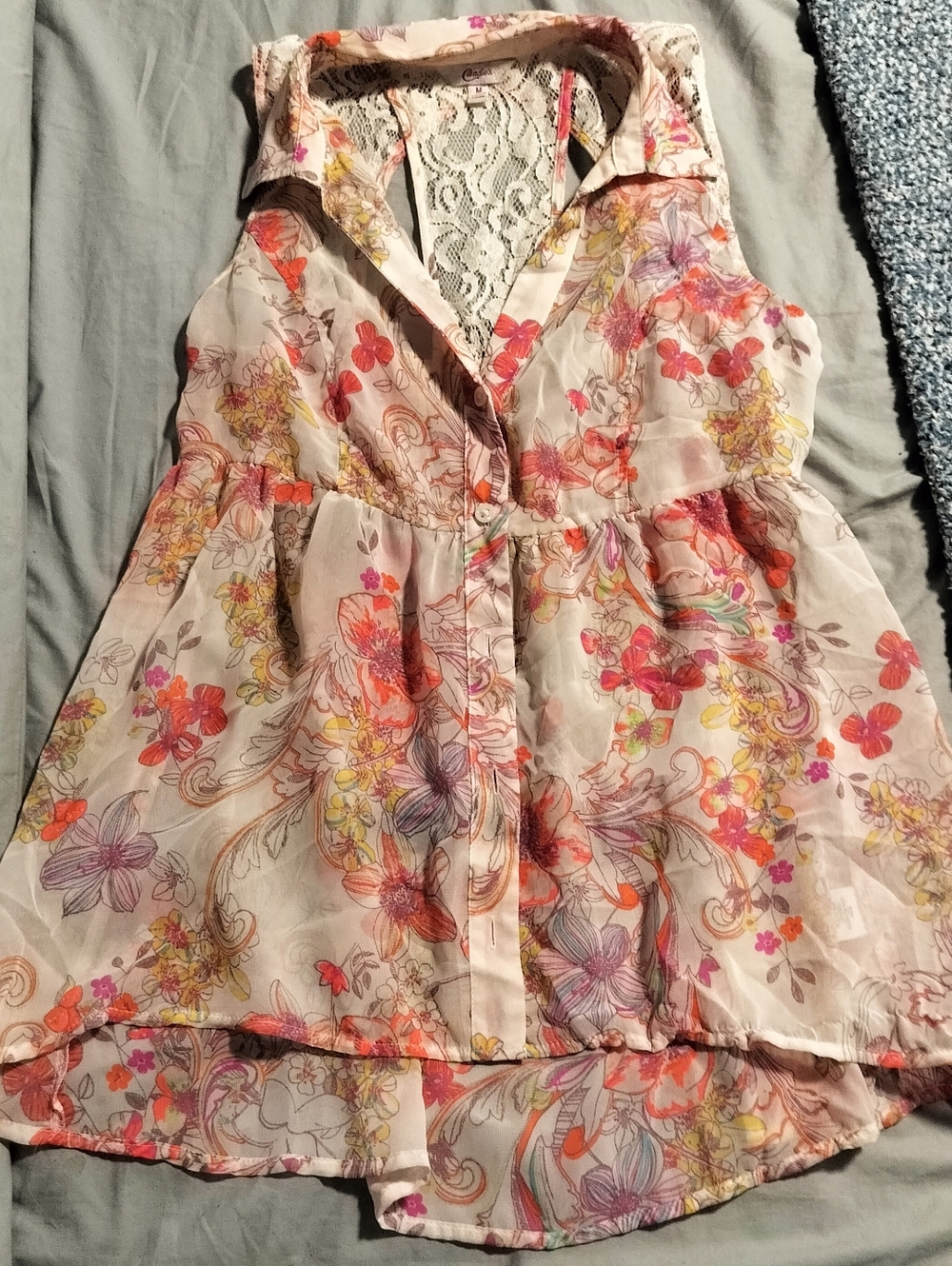 Candie's White Lace Back Floral Tank with Pink Accents
